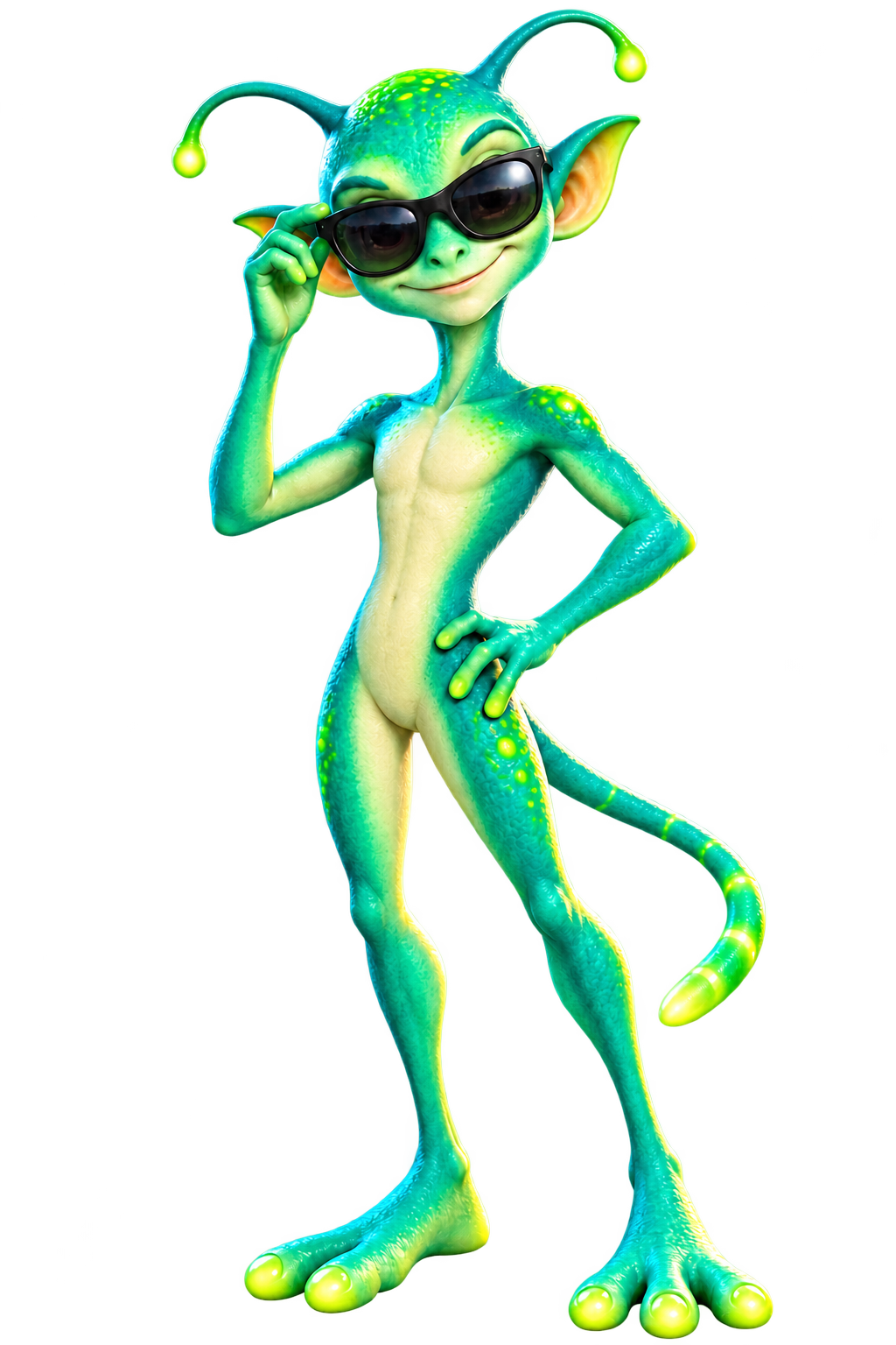 A friendly green alien signal scout wearing sunglasses