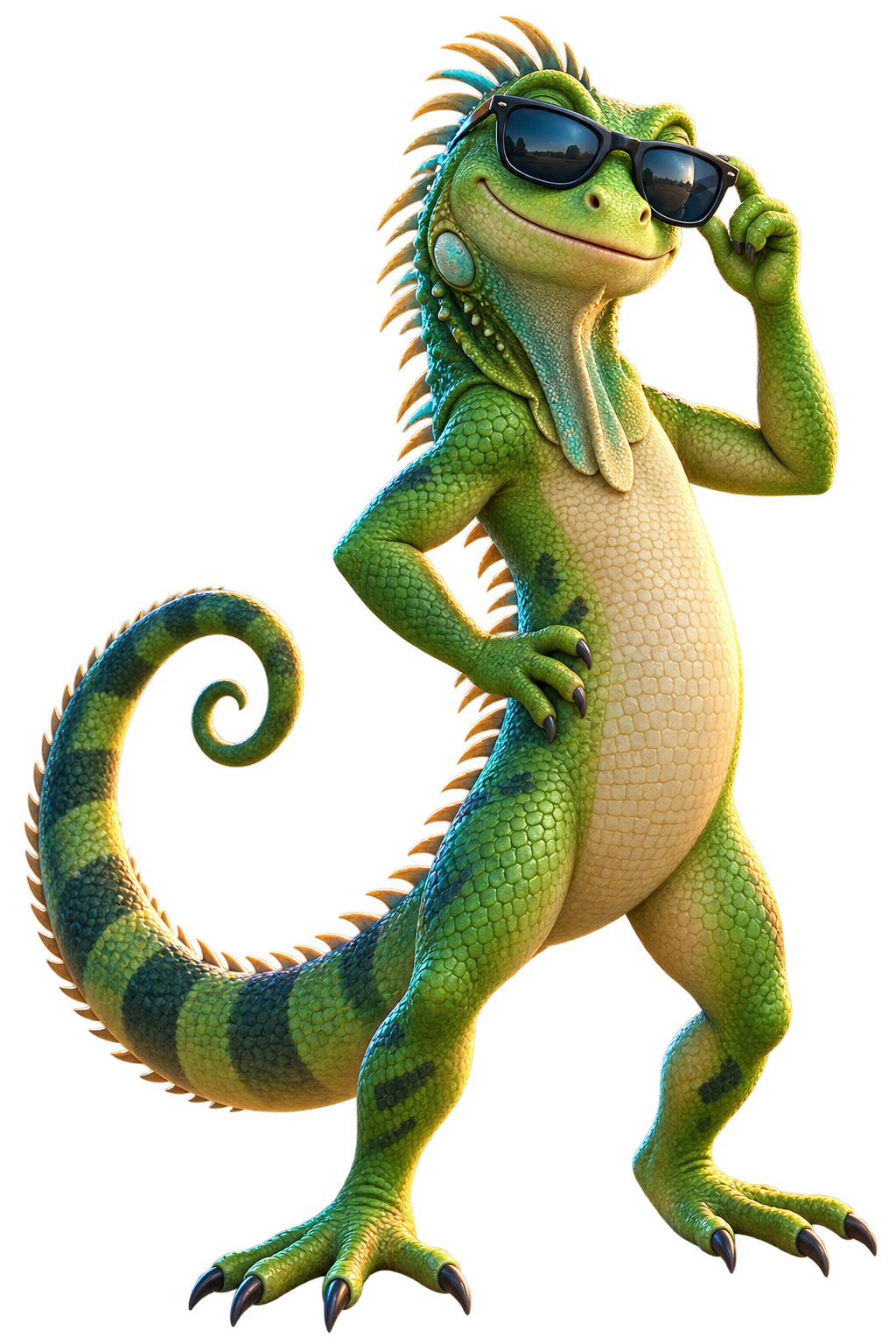 A friendly green desert iguana wearing sunglasses